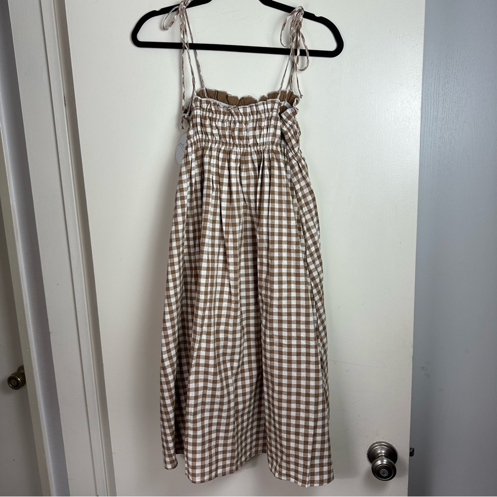 Smocked Gingham Tie-Strap Midi Dress - Beige/Tan - Picture 5 of 16